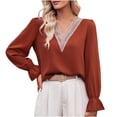 thumbnail image 1 of Besolor Tunic Tops for Women V Neck Lace Trim Ruffle Long Sleeve Fall Spring Shirt Casual Loose Ladies Blouse Tee, 1 of 9
