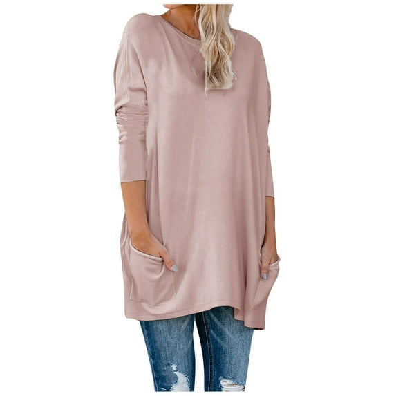 Besolor Tunic Tops to Wear with Leggings for Women Casual Crewneck Long Sleeve Shirts Plus Size Fall Spring Blouse with Pockets