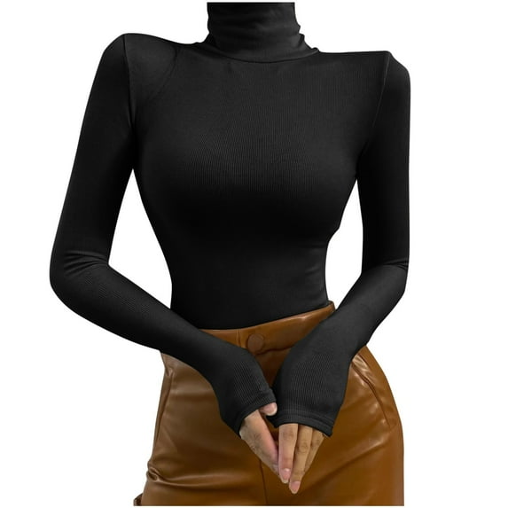 Besolor Turtleneck Bodysuits for Women Long Sleeve Ribbed Stretch Leotards Tops 2024 Fashion Bodysuits Blouse Black