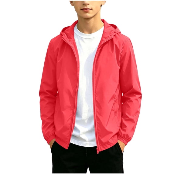 Besolor Unisex Boys Girls Rain Jackets Long Sleeve Zipper Hoodies Outdoor Lightweight Waterproof Windproof Teen Jacket with Pocket(12-13 Years,Red1)