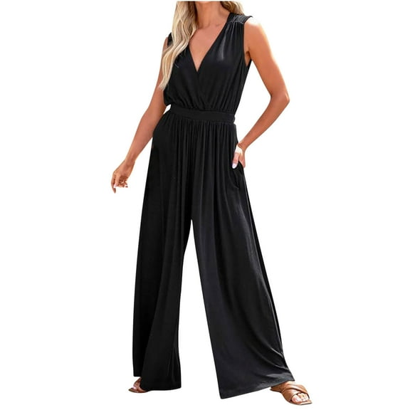 Besolor V Neck Jumpsuits for Women Casual Summer Jumpsuit Sleeveless Wide Leg Long Pants Rompers with Pockets