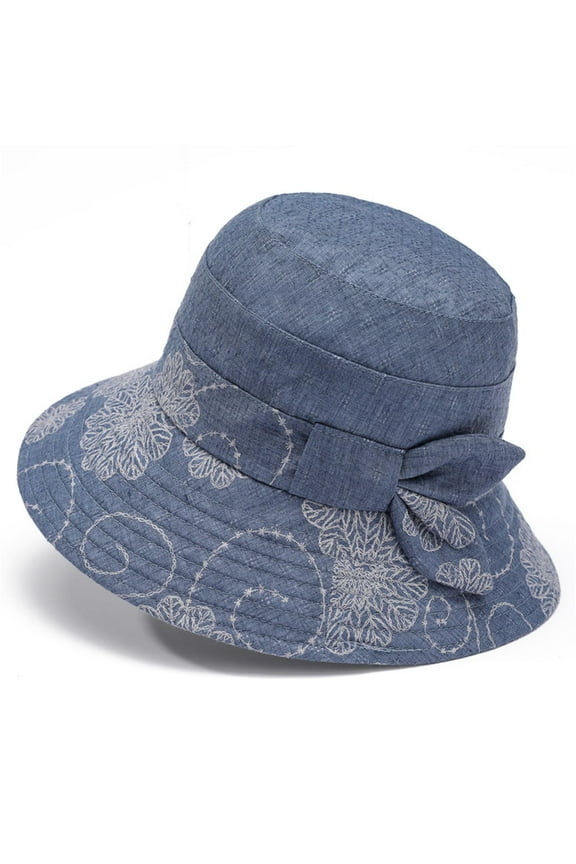 Wide Brim Bucket Hat for Women Flower Printed Breathable Summer Bowknot UV Protection Travel Beach Sun Hat