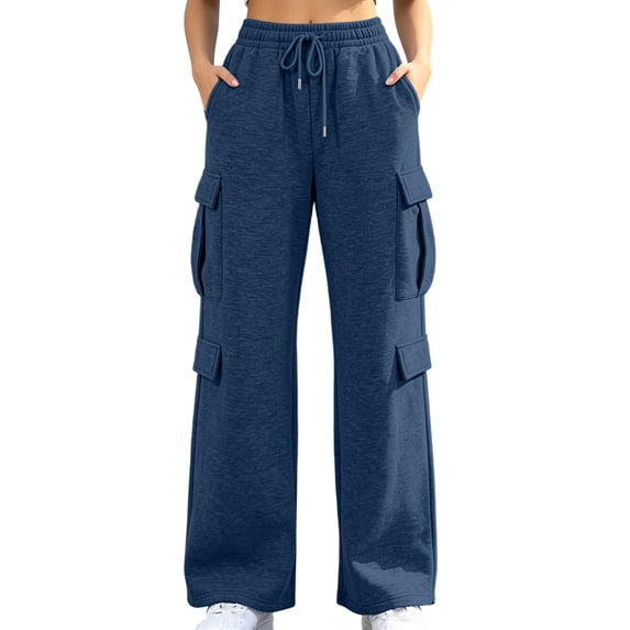 Besolor Wide Leg Sweatpants Women High Waisted Casual Loose Workout Running Fall Trousers with Multi-pocket(Large,Navy)