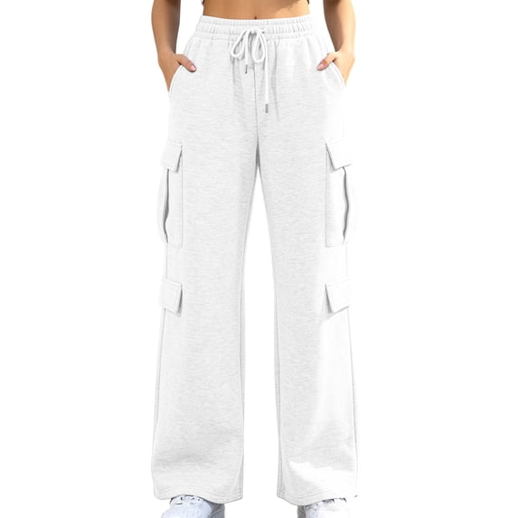 Besolor Wide Leg Sweatpants Women High Waisted Casual Loose Workout Running Fall Trousers with Multi-pocket(X-Large,White)