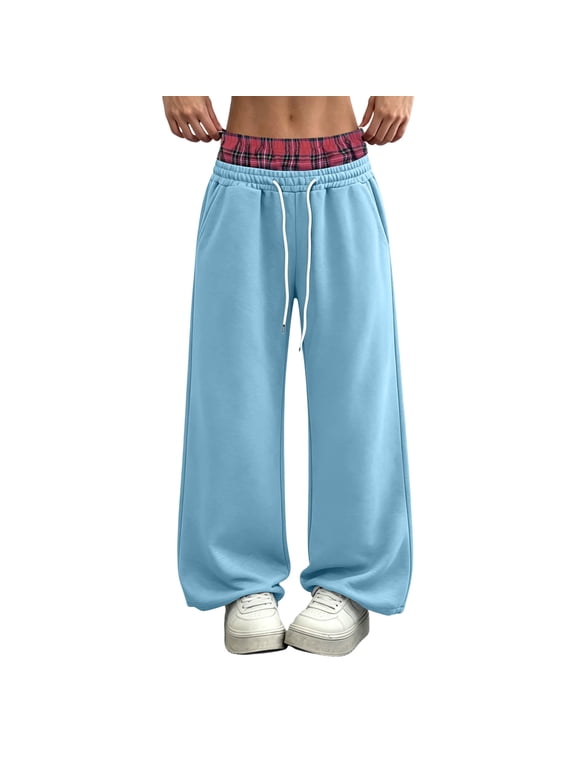 Wide Leg Sweatpants for Women Plaid Patchwork Elastic Waist Drawstring Fall Workout Running Pants with Pockets(3X-Large,Blue)