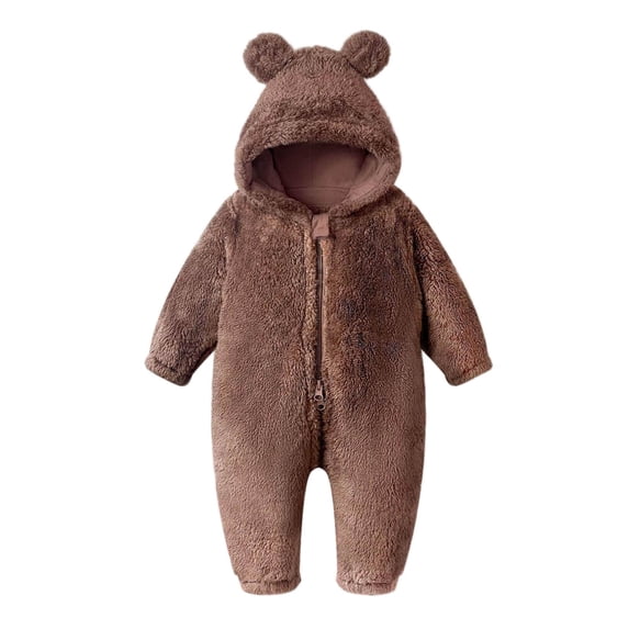 Besolor Winter Fuzzy Sherpa Rompers for Toddler Girls Boys Long Sleeve Zipper Hooded Outdoor Thermal Warm Jumpsuit(6-9 Months,Brown)
