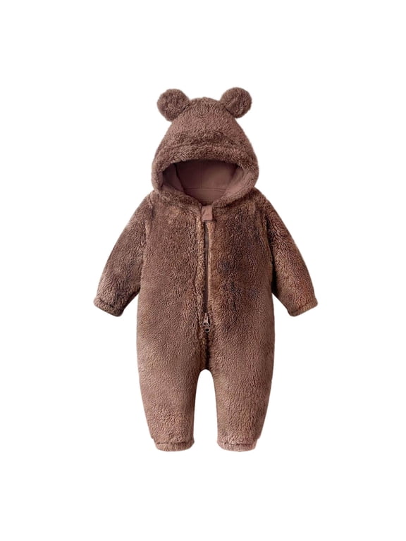 Winter Fuzzy Sherpa Rompers for Toddler Girls Boys Long Sleeve Zipper Hooded Outdoor Thermal Warm Jumpsuit(6-9 Months,Brown)