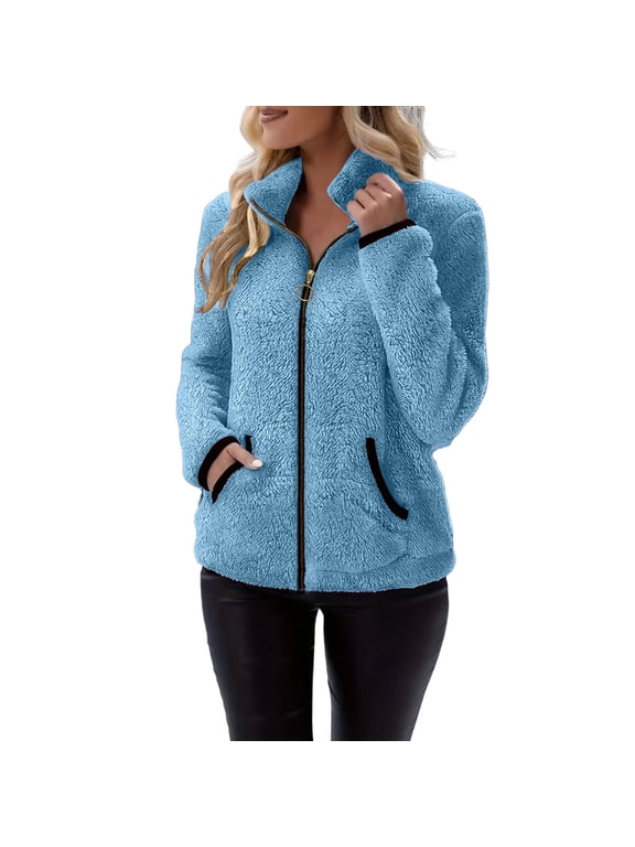 Winter Fuzzy Sherpa Zip up Jackets for Women Long Sleeve Turtleneck Thermal Warm Outwear Sweatshirts Coat with Pocket(Medium,Gray)