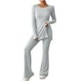 thumbnail image 1 of Besolor Women 2 Piece Outfits Knit Lounge Sets Long Sleeve Side Slit Crew Neck Pullover Top & Flare Pant Comfy Lounge Wear Set, 1 of 6