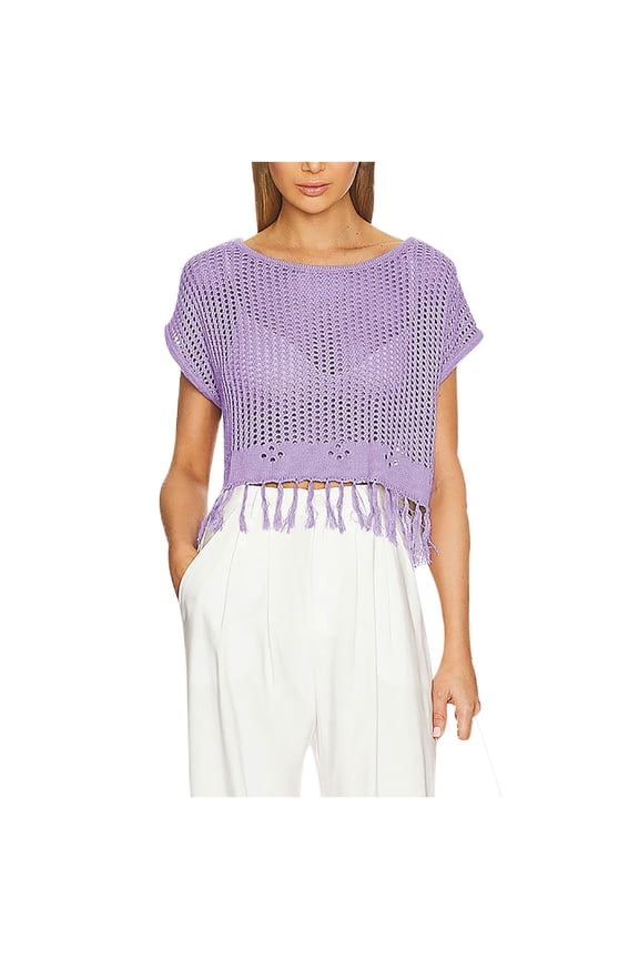 Women Boho Tassel T-Shirt Tunic Tops Crochet Blouse Shirt Hollow out Beach Short Sleeve Swimsuit Cover Up