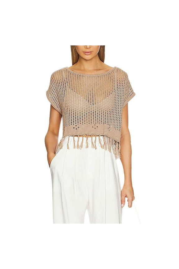 Women Boho Tassel T-Shirt Tunic Tops Crochet Blouse Shirt Hollow out Beach Short Sleeve Swimsuit Cover Up