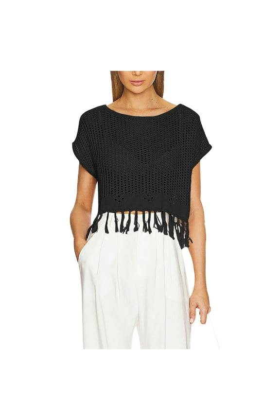 Women Boho Tassel T-Shirt Tunic Tops Crochet Blouse Shirt Hollow out Beach Short Sleeve Swimsuit Cover Up