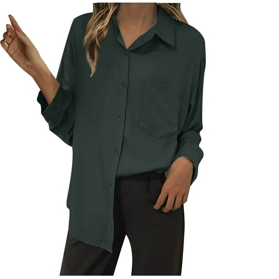 Besolor Women Button down Shirts with Pocket Long Sleeve Office Blouses V Neck Casual Loose Collared Business Tops