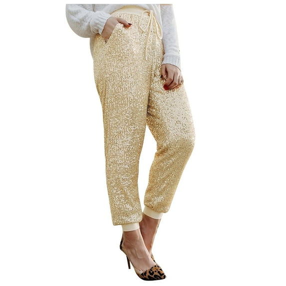 Besolor Women Glitter Sequin Pants Elastic High Waist Joggers Shiny Evening Party Trousers Clubwear with Pockets Beige