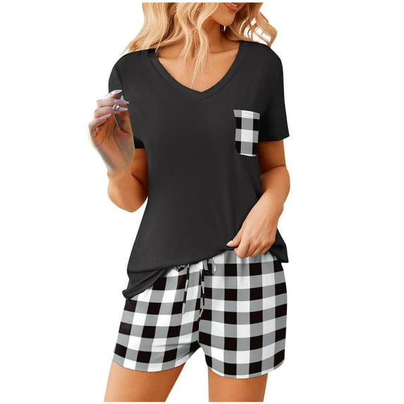 Besolor Women Pajama Sets 2 Piece Lounge Outfits Casual V Neck Short Sleeve Tops and Shorts Summer Sleepwear Pjs