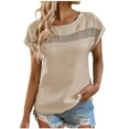 thumbnail image 1 of Besolor Women Short Sleeve T Shirts Crewneck Patchwork Hollow out Tops Solid Color Casual Loose Office Blouses for Summer, 1 of 6