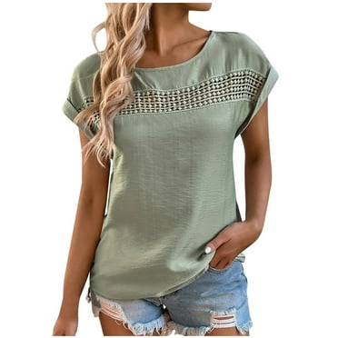 Besolor Women Short Sleeve T Shirts Crewneck Patchwork Hollow out Tops Solid Color Casual Loose Office Blouses for Summer
