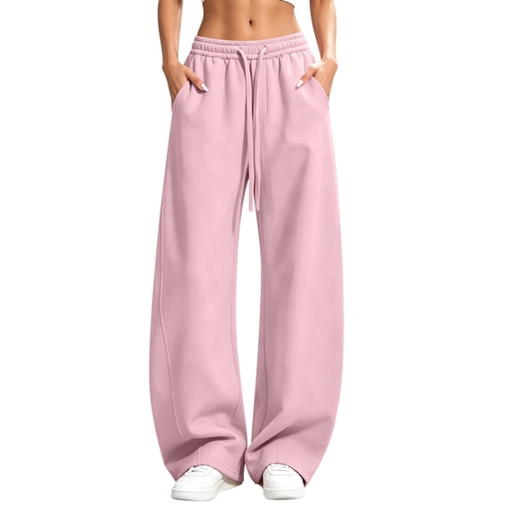 Besolor Women Wide Leg Sweatpants Fall Winter Fleece Lined Casual Loose Workout Running Drawstring High Waist Pant with Pockets(Large,Pink)