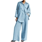 Besolor Women's 2 Piece Cotton Linen Outfit Casual Long Sleeve Button down Shirts and Wide Leg Pants Sets Tracksuits