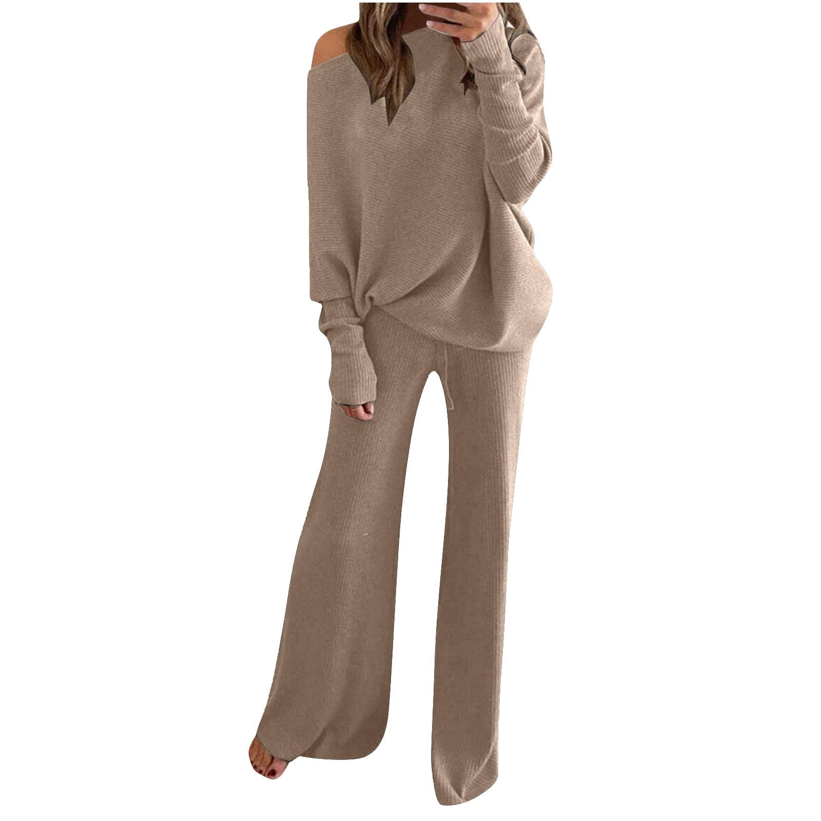Women's Casual Ribbed Knit 2 Piece Outfit Long Sleeve Sweater Pullover and  Wide Leg Long Pants Sweater Set Fall Clothes