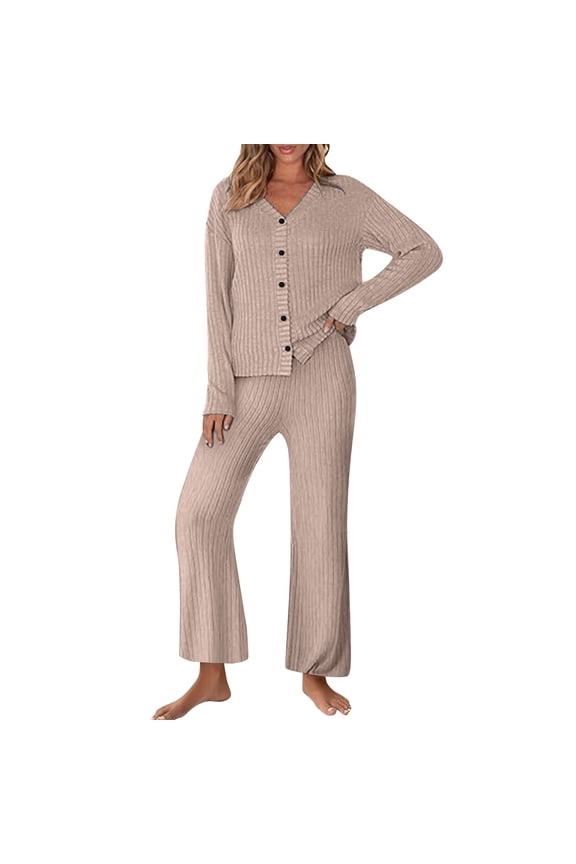 Women's 2 Piece Knit Sweater Set Long Sleeve Button down Tops and Pants Loungewear Sets Sleepwear Pjs