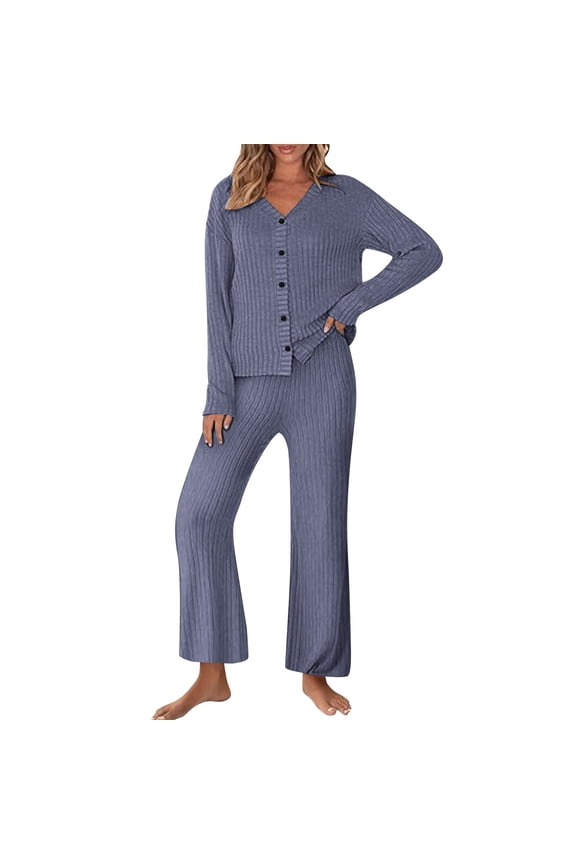 Women's 2 Piece Knit Sweater Set Long Sleeve Button down Tops and Pants Loungewear Sets Sleepwear Pjs