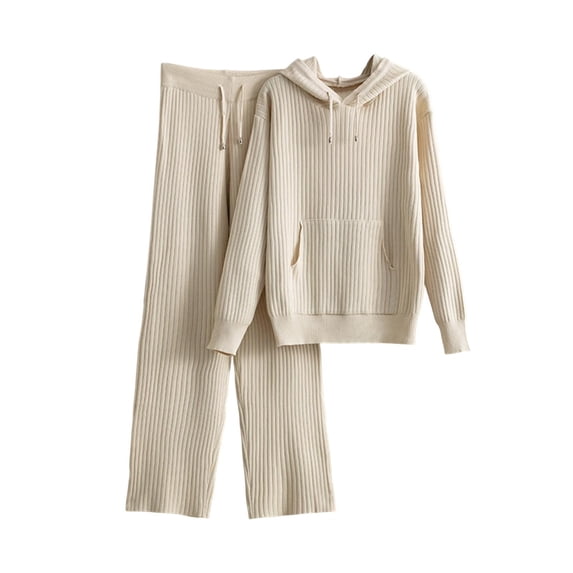 Besolor Women's 2 Piece Knit Sweater Set Long Sleeve Hooded Tops and Wide Leg Pants Loungewear Sets Fall Winter Clothes
