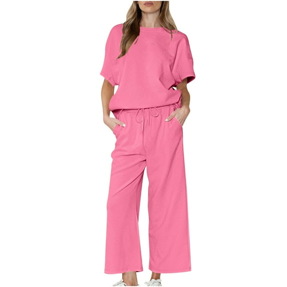 Besolor Women's 2 Piece Lounge Sets Outfits Casual Short Sleeve Texture Tops and Wide Leg Pants Sweatsuit Tracksuits
