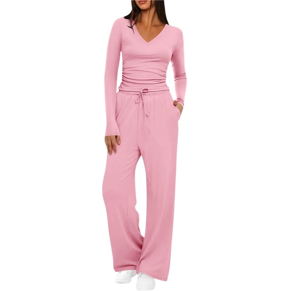 Besolor Womens 2 Piece Loungewear Sets Casual V Neck Long Sleeve Tops and Wide Leg Pants Casual Matching Set Tracksuits