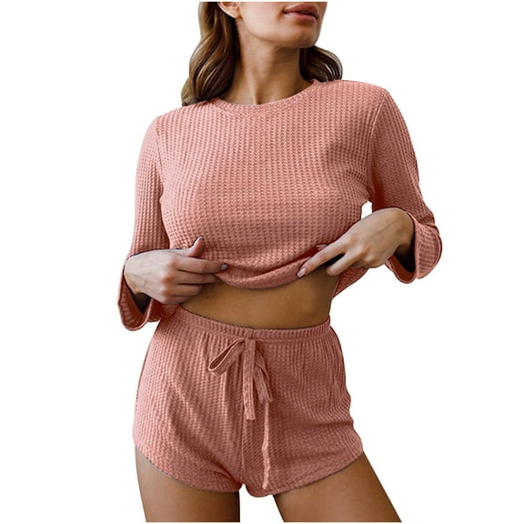 Besolor Women's 2 Piece Outfits Pajamas Casual Soft Crew Neck Long Sleeve Tops and Shorts Lounge Sets Sleepwear Pjs Pink
