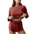 thumbnail image 1 of Besolor Women's 2 Piece Outfits Pajamas Casual Soft Crew Neck Long Sleeve Tops and Shorts Lounge Sets Sleepwear Pjs Red, 1 of 3