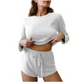 thumbnail image 1 of Besolor Women's 2 Piece Outfits Pajamas Casual Soft Crew Neck Long Sleeve Tops and Shorts Lounge Sets Sleepwear Pjs White, 1 of 3