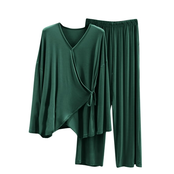 Besolor Women's 2 Piece Outfits Spring Summer Casual V Neck Tie Side Long Sleeve Tops and Pants Pajama Sets Loungewear