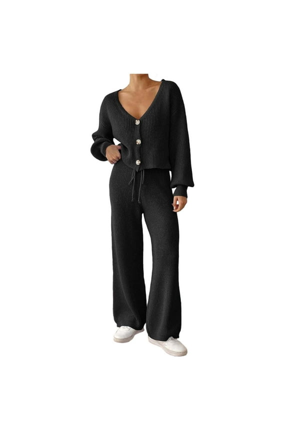 Women's 2 Piece Sweater Set Knit Long Sleeve Cropped Cardigan Top and Pants Loungewear Sets Fall Winter Clothes
