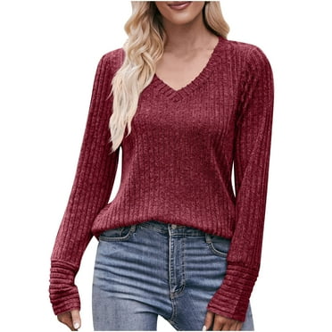cfhntfmh Women's 2024 Fall Long Sleeve V Neck Ribbed Knit Sweaters Loose Casual Soft Pullover Sweater Tops for Women Wine 1