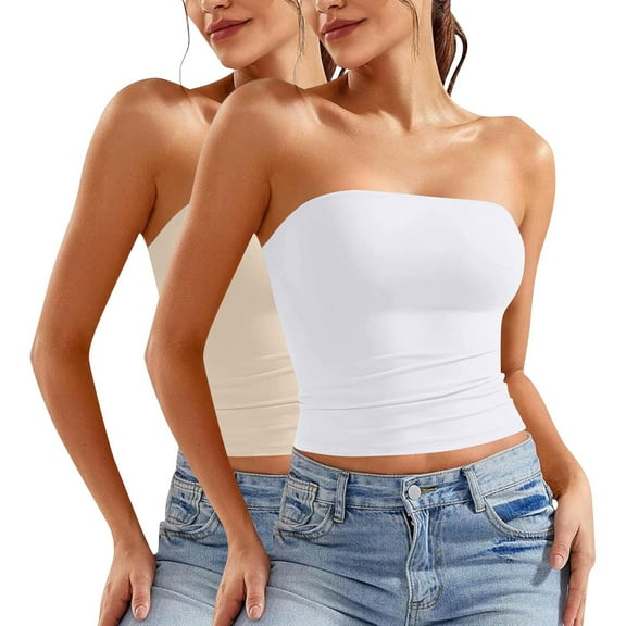 Besolor Womens Summer Tube Tops Strapless Backless Basic Going out Crop Tops Girls Sleeveless Bandeau Clothes 2 Pack