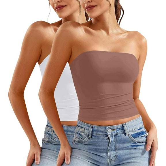 Besolor Womens Summer Tube Tops Strapless Backless Basic Going out Crop Tops Girls Sleeveless Bandeau Clothes 2 Pack