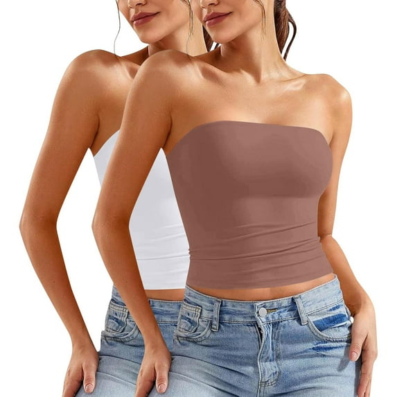 Besolor Womens Summer Tube Tops Strapless Backless Basic Going out Crop Tops Girls Sleeveless Bandeau Clothes 2 Pack