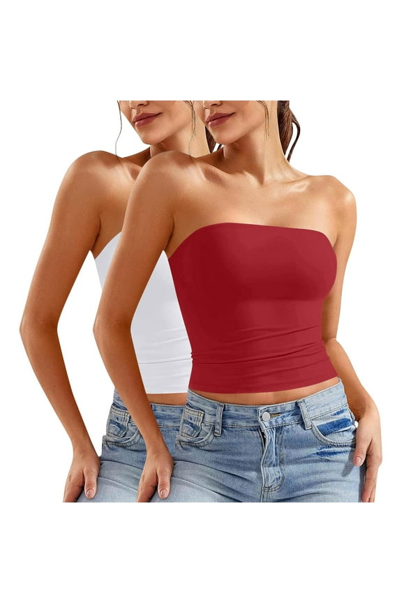 Womens Summer Tube Tops Strapless Backless Basic Going out Crop Tops Girls Sleeveless Bandeau Clothes 2 Pack