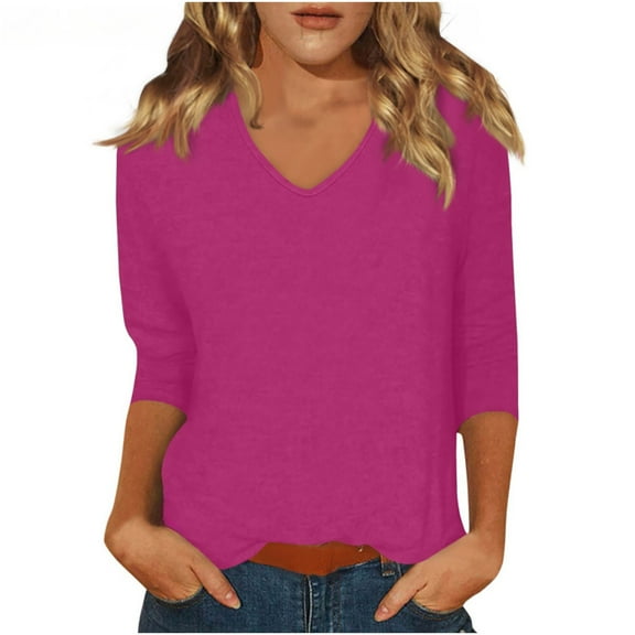 Besolor Women's 3/4 Length Sleeve Shirts Casual V Neck Basic Tee Topscasual Solid Color Dressy Blouses