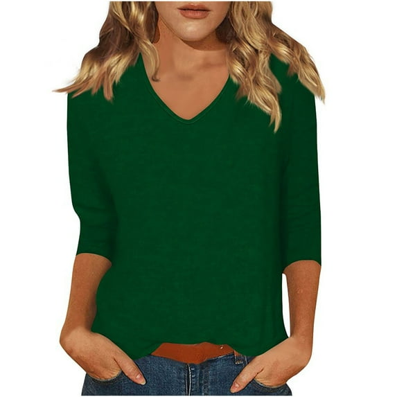Besolor Women's 3/4 Length Sleeve Shirts Casual V Neck Basic Tee Topscasual Solid Color Dressy Blouses