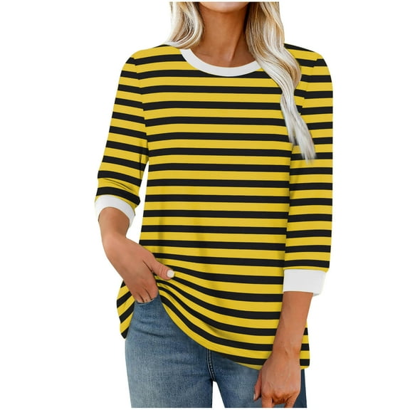 Besolor Women's 3/4 Length Sleeve T Shirts Casual Striped Crew Neck Tunic Tops Going out Dressy Blouses