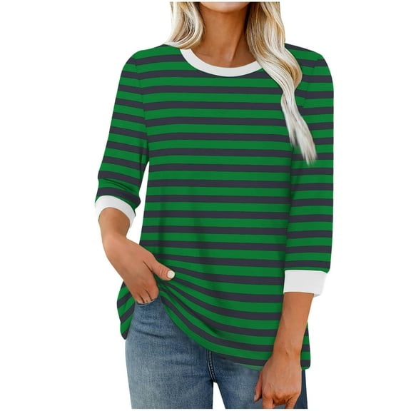Besolor Women's 3/4 Length Sleeve T Shirts Casual Striped Crew Neck Tunic Tops Going out Dressy Blouses