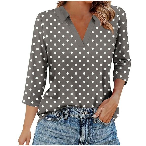 Besolor Women's 3/4 Sleeve Tunic Tops Lapel V Neck Polka Dots Shirts Casual Going out Work Dressy Blouses