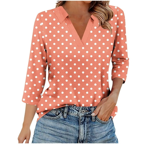 Besolor Women's 3/4 Sleeve Tunic Tops Lapel V Neck Polka Dots Shirts Casual Going out Work Dressy Blouses
