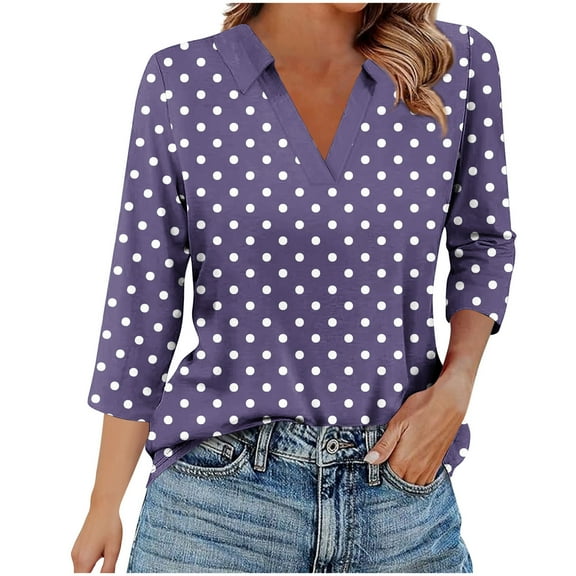 Besolor Women's 3/4 Sleeve Tunic Tops Lapel V Neck Polka Dots Shirts Casual Going out Work Dressy Blouses