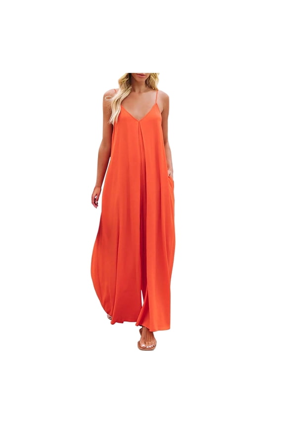 Women's Baggy Summer Jumpsuits Casual Flowy V Neck Sleeveless Spaghetti Strap Wide Leg Pants Rompers with Pockets Ladies Clothes
