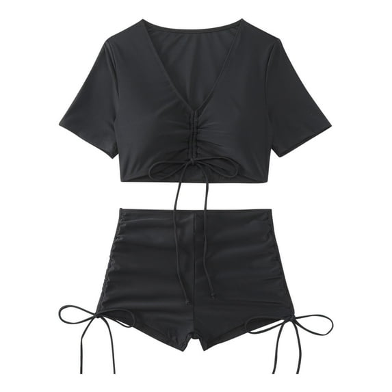 Besolor Women's Bikinis Set Short Sleeve Two Piece Swimsuit Tie Front Drawstring High Waisted Bathing Suits with Shorts