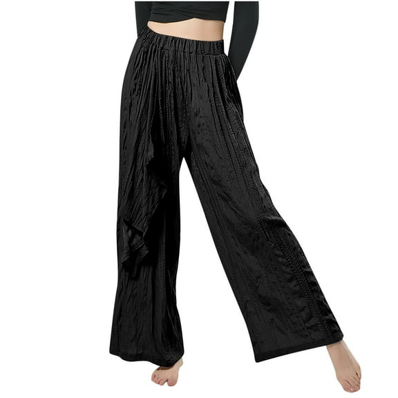 Besolor Women's Boho Elastic High Waisted Wide Leg Palazzo Pants Pleated Lightweight Loose Flowy Beach Trousers for Summer