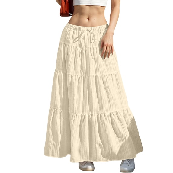 Besolor Women's Boho Flowy Maxi Skirt Elastic Waist Drawstring Ruffle Tiered Pleated A-Line Summer Beach Long Skirts